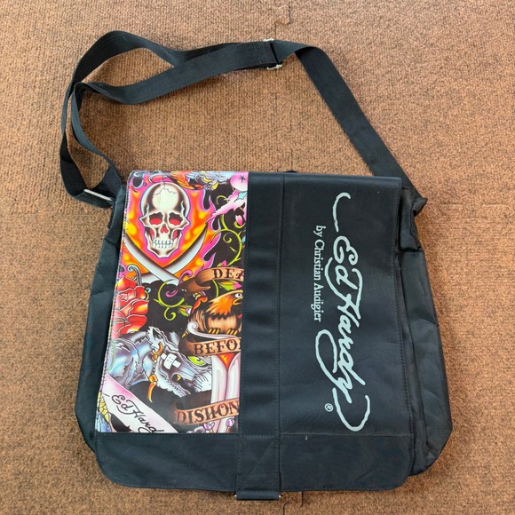 Ed Hardy Handbags - Ed Hardy Christian Audigier Tattoo Graphic Messenger Bag Black Skull Eagle Y2K